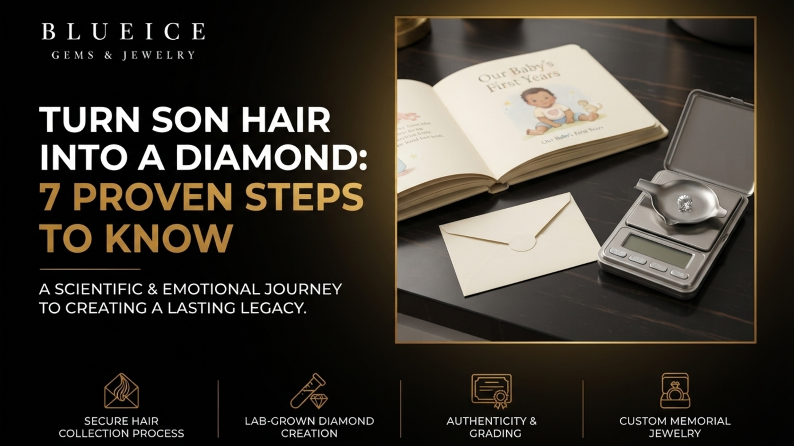 Turn son hair into a diamond: an unlabeled envelope, an open baby book and a small digital scale on a kitchen table