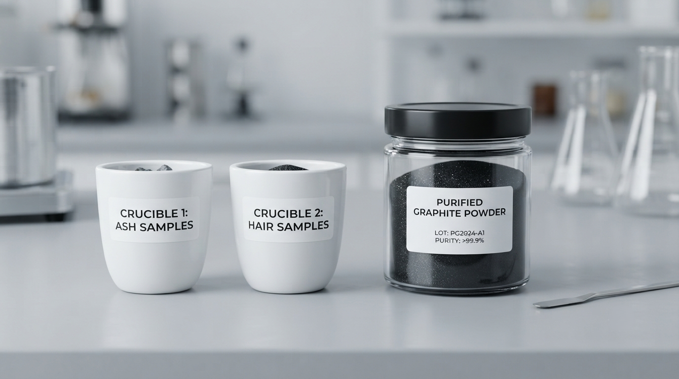 Two labeled crucibles beside a single container of purified graphite in a laboratory