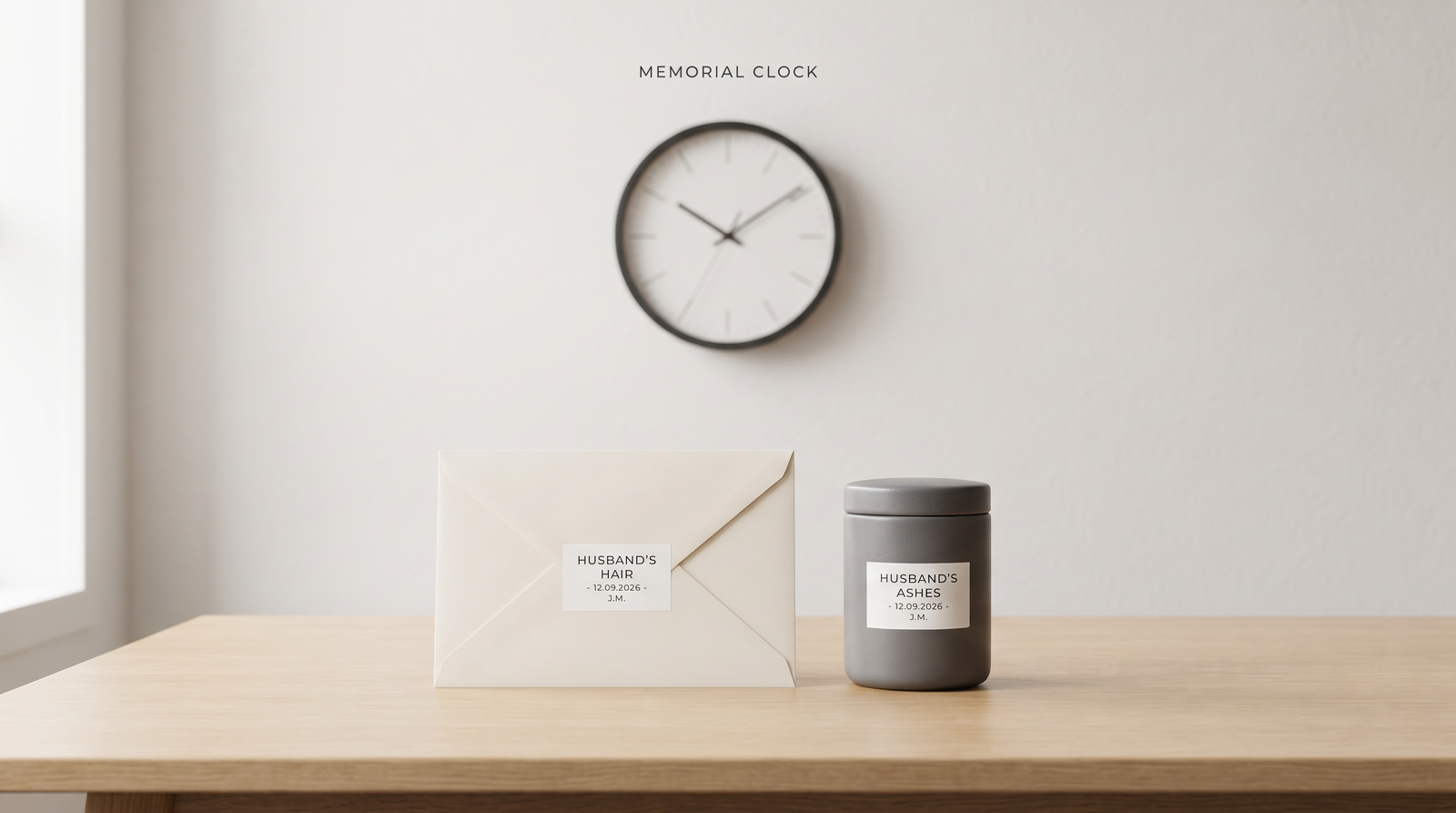 A paper envelope and a small urn side by side on a table, a wall clock behind them