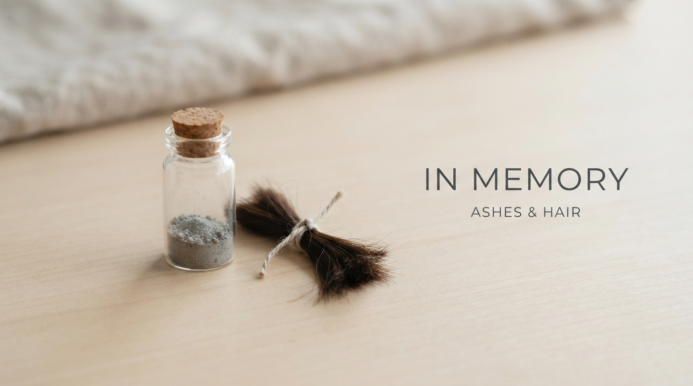 A keepsake vial of ashes and a small lock of hair side by side on a plain table