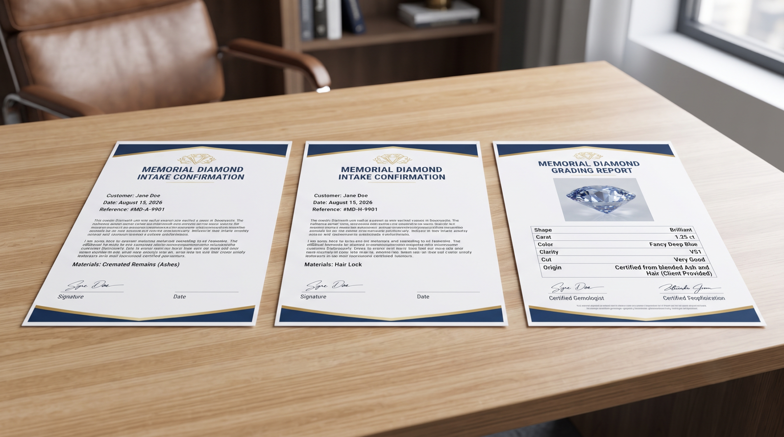 Two intake confirmations beside a single grading report on a desk