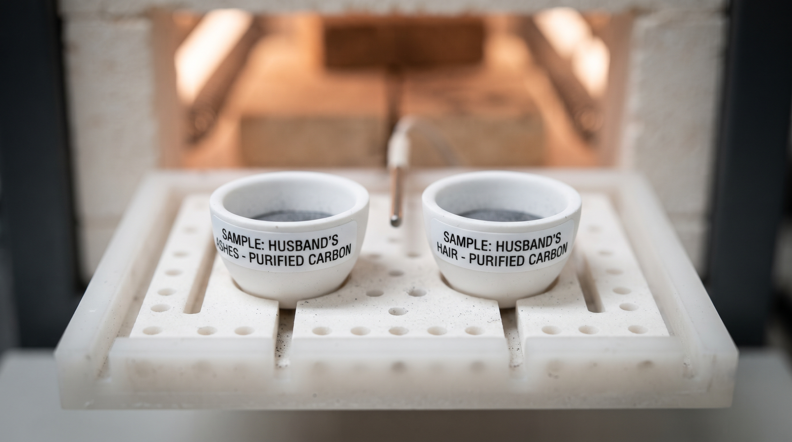 Two labelled crucibles side by side in a laboratory furnace tray