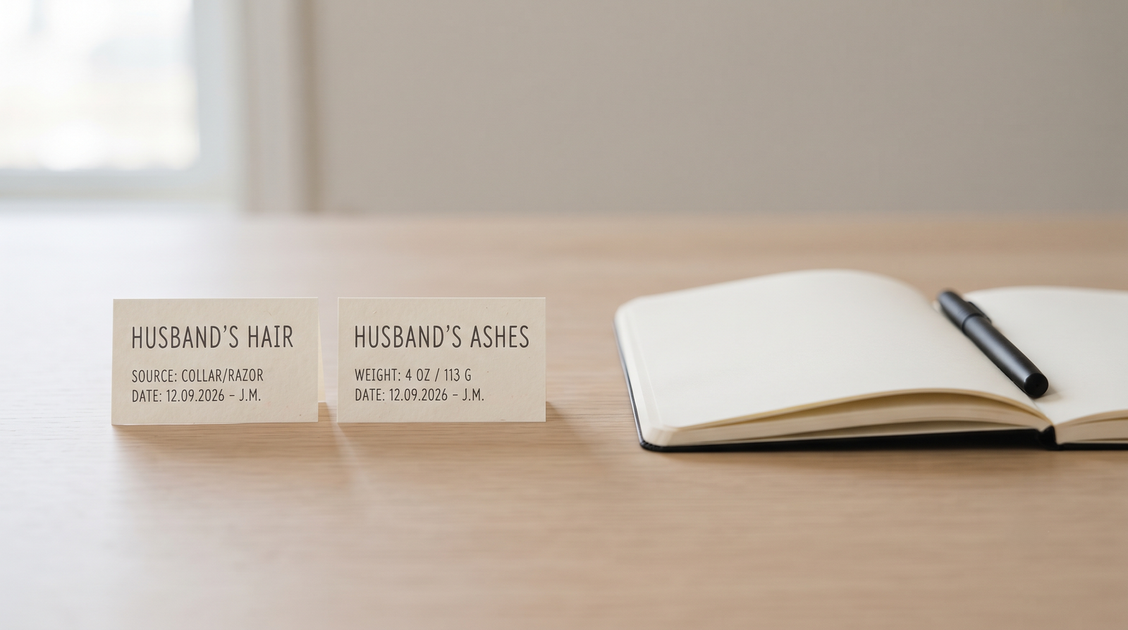 Two handwritten labels, one for hair and one for ashes, beside an open notebook