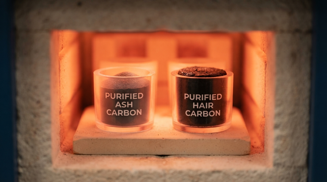 Two labeled crucibles side by side in a laboratory furnace during purification