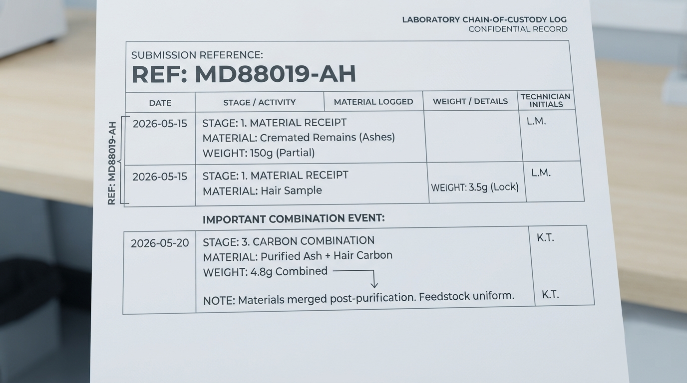 A custody log page showing one submission reference with two receipt lines and a combination entry
