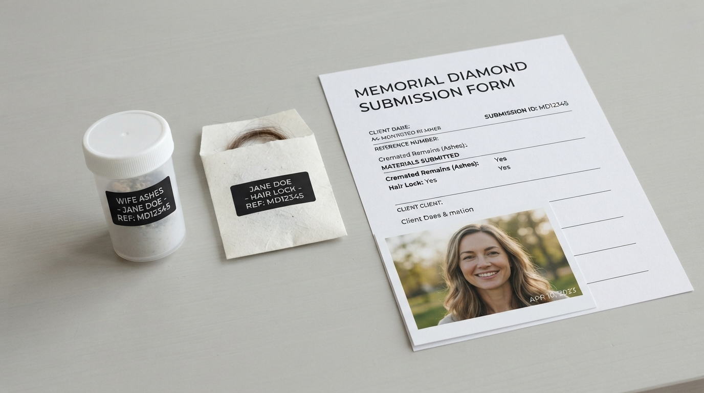 Labeled ash container, labeled hair envelope, and one submission form listing both, arranged beside a dated photograph