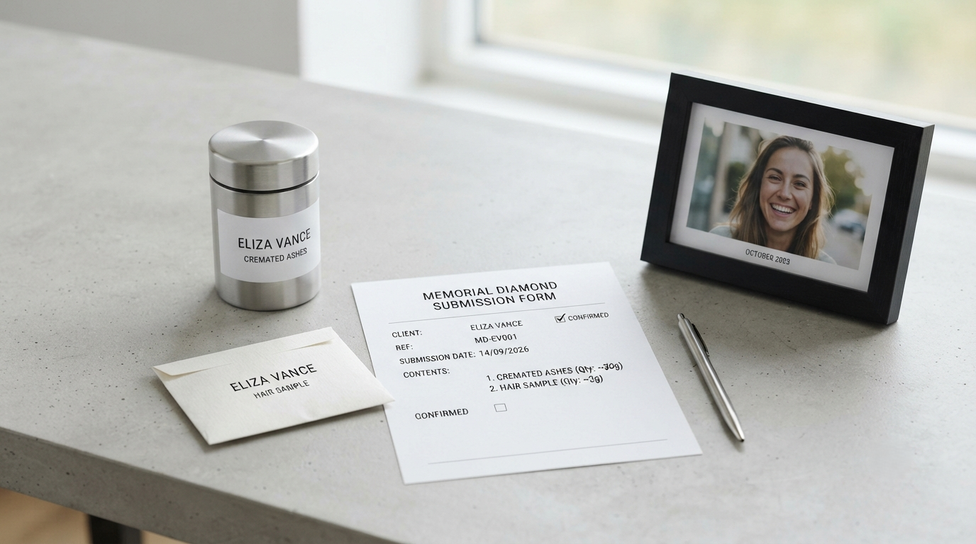 Labeled ash container, labeled hair envelope, and a submission form listing both, arranged beside a dated photograph