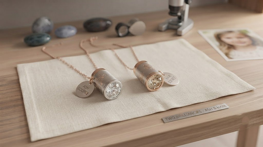 Two small memorial diamond pendants resting side by side on a plain linen cloth