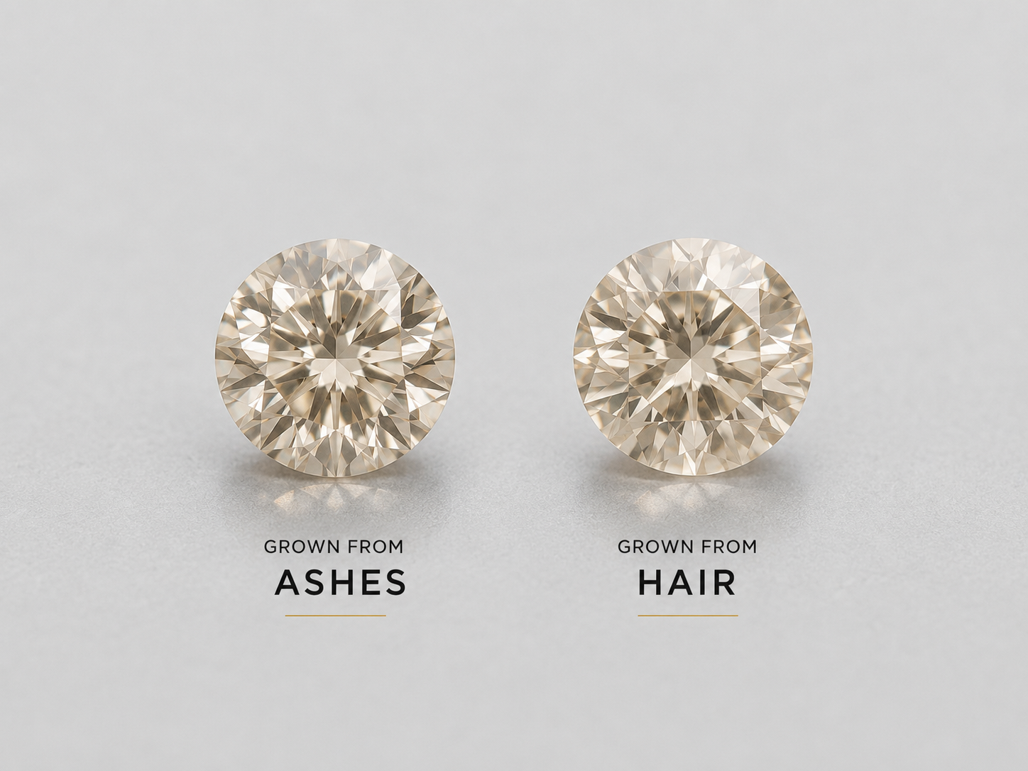 two lab-grown memorial diamonds of similar size side by side on a pale gray surface, one grown from ashes and one from hair
