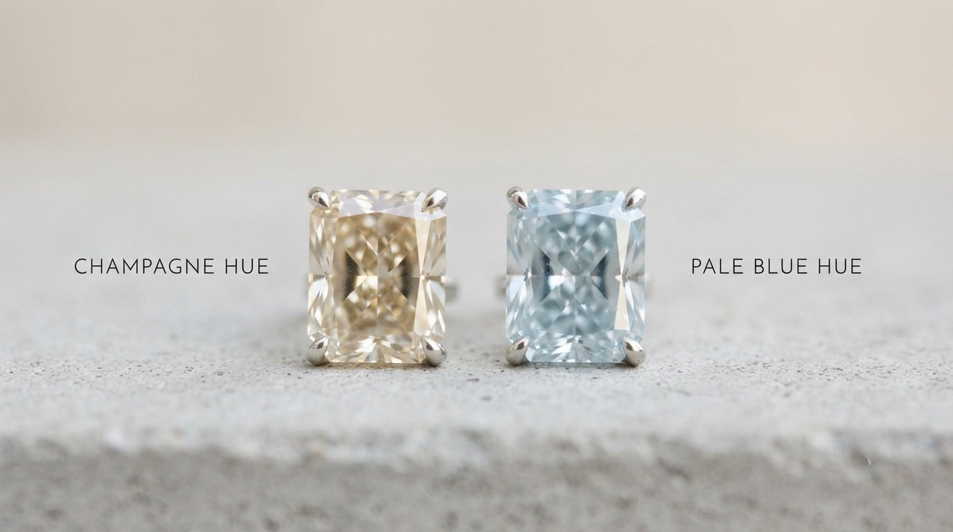 Two memorial diamonds side by side under daylight, one champagne and one faintly blue, showing that stones from one source do not match
