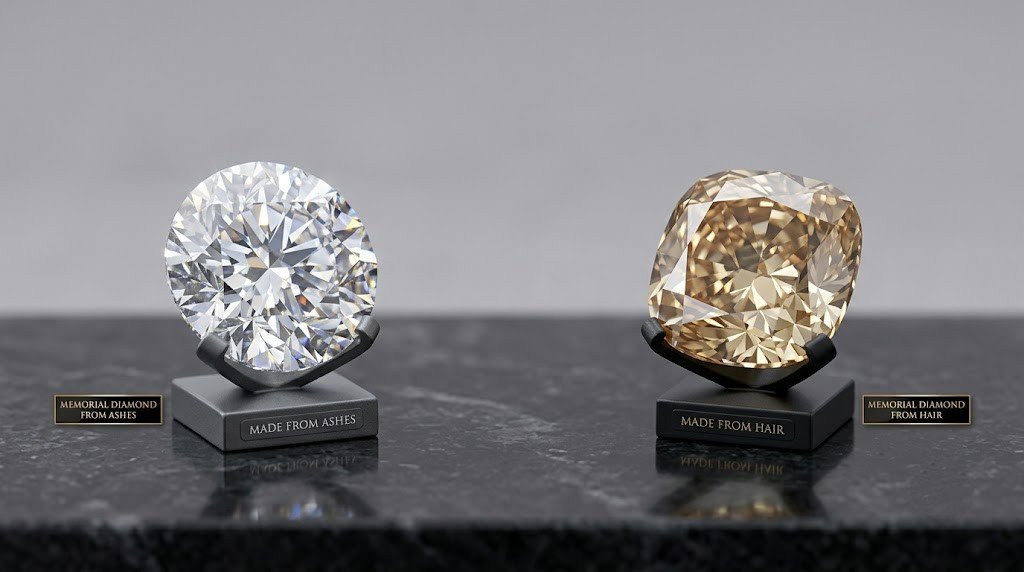 Two finished memorial diamonds of similar size displayed separately rather than set together