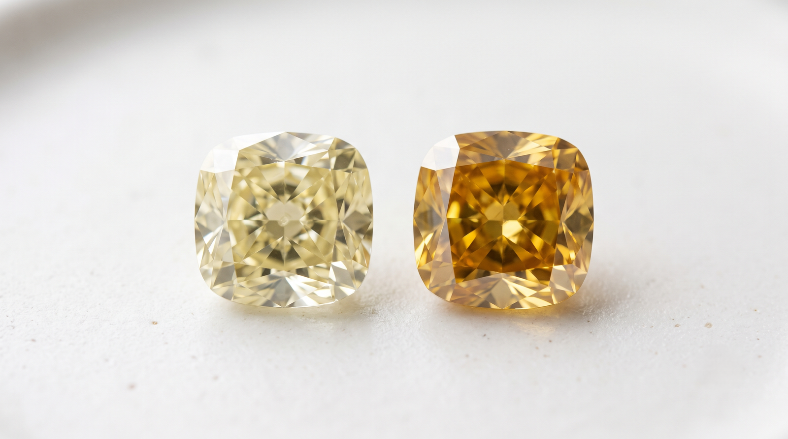 Two yellow memorial diamonds side by side, one noticeably deeper in tone than the other |