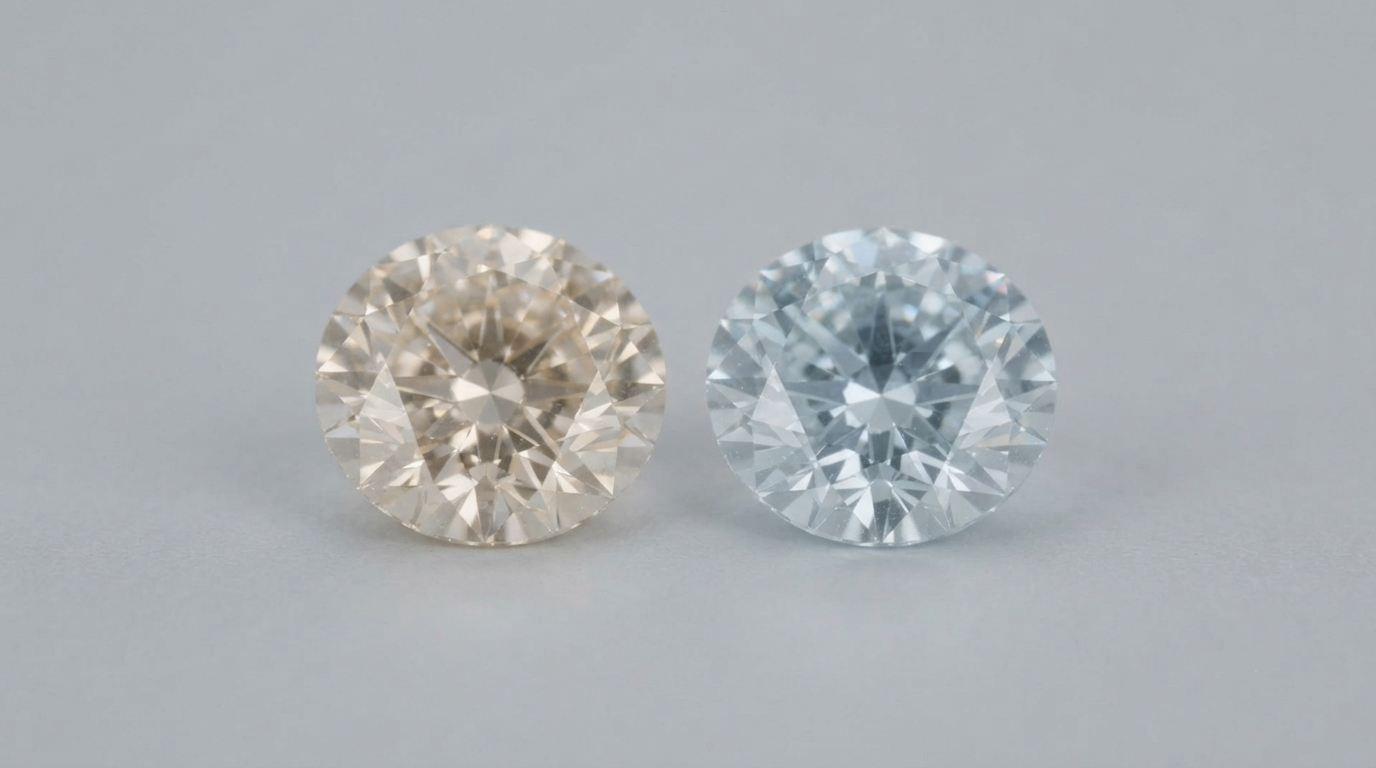 Two memorial diamonds from separate growth runs side by side under neutral light, visibly different in tone