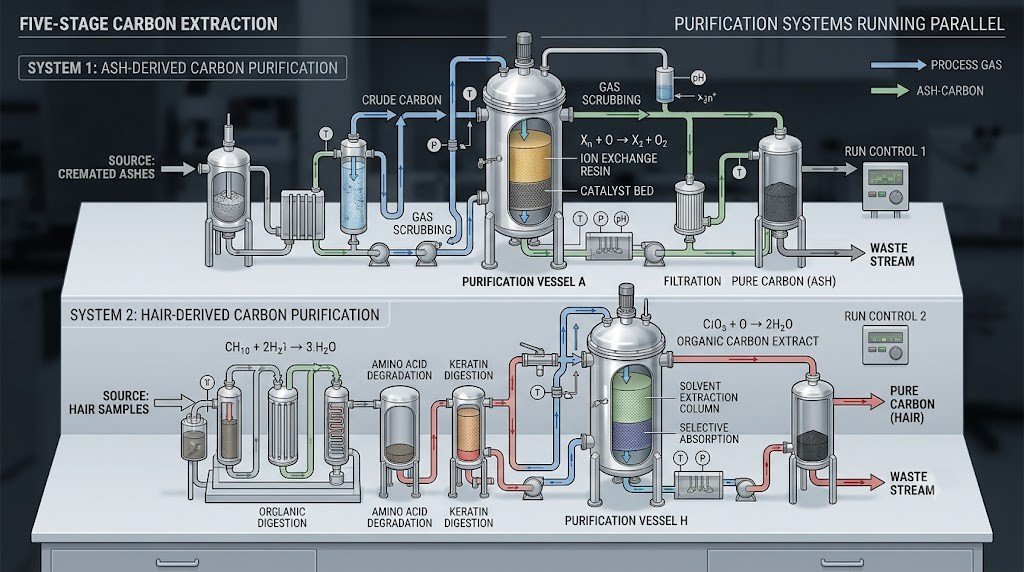 two separate purification vessels processing ash-derived and hair-derived carbon on parallel runs