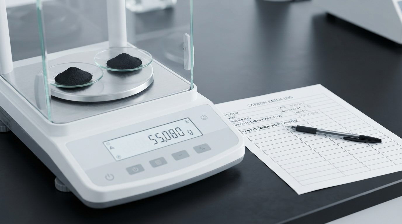 Two small dishes of purified black carbon being weighed together on a laboratory scale beside a log sheet
