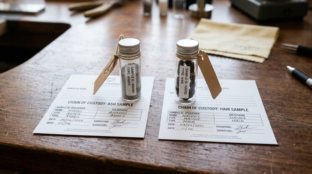 A collection kit laid out with two labeled containers and separate chain-of-custody forms for each sample