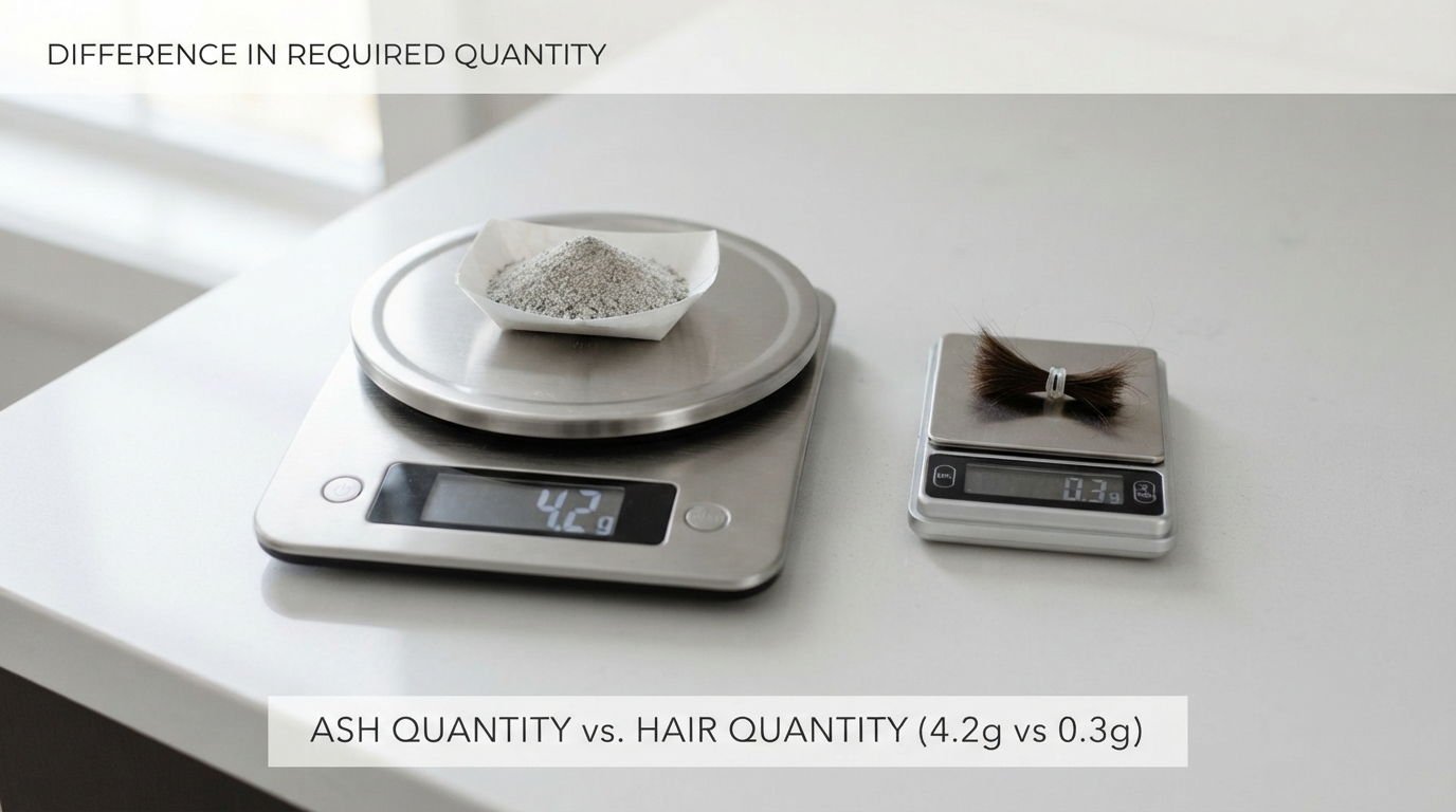 A kitchen scale holding a small portion of cremated remains next to a far smaller lock of hair, showing the difference in required quantity