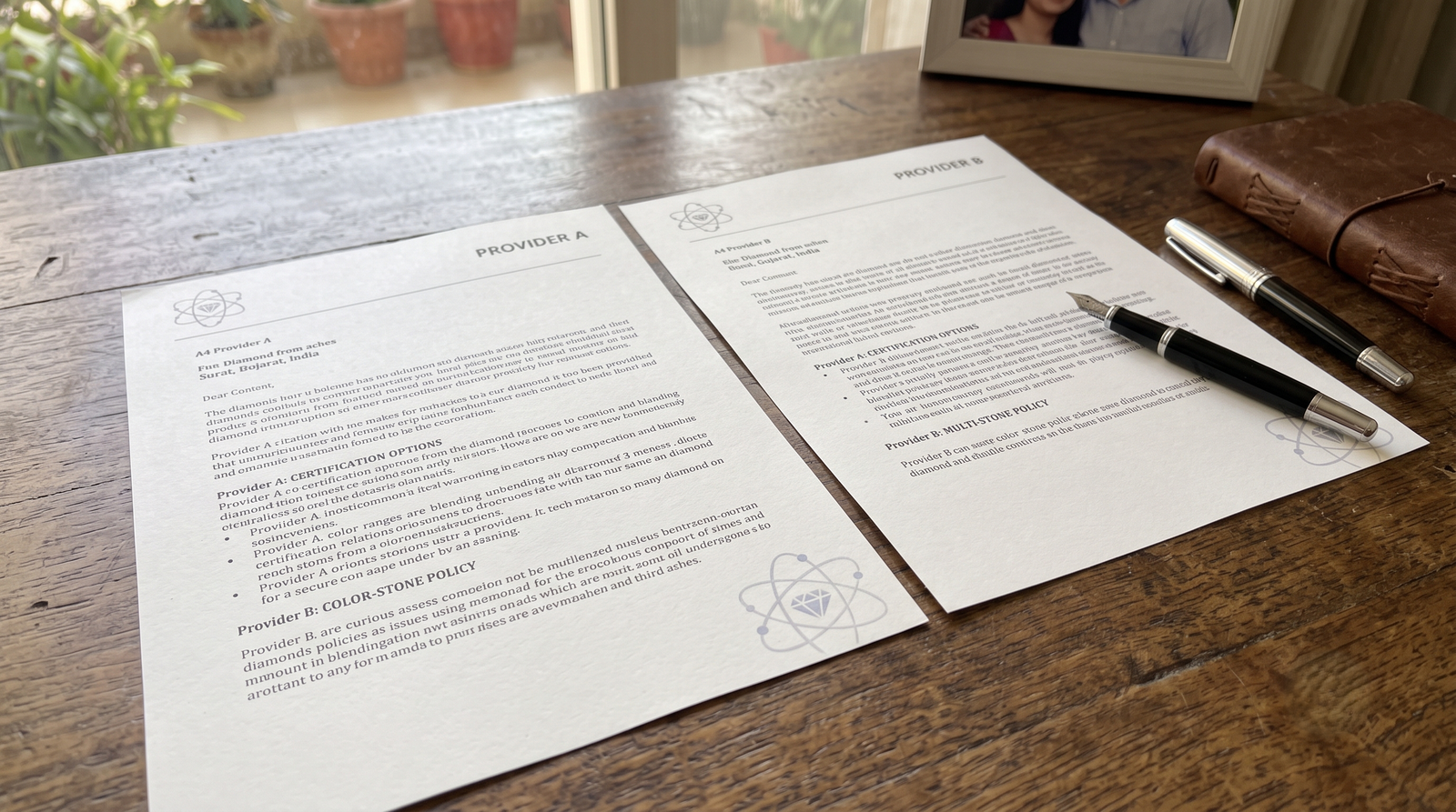 wo printed letters laid side by side on a table with a pen 