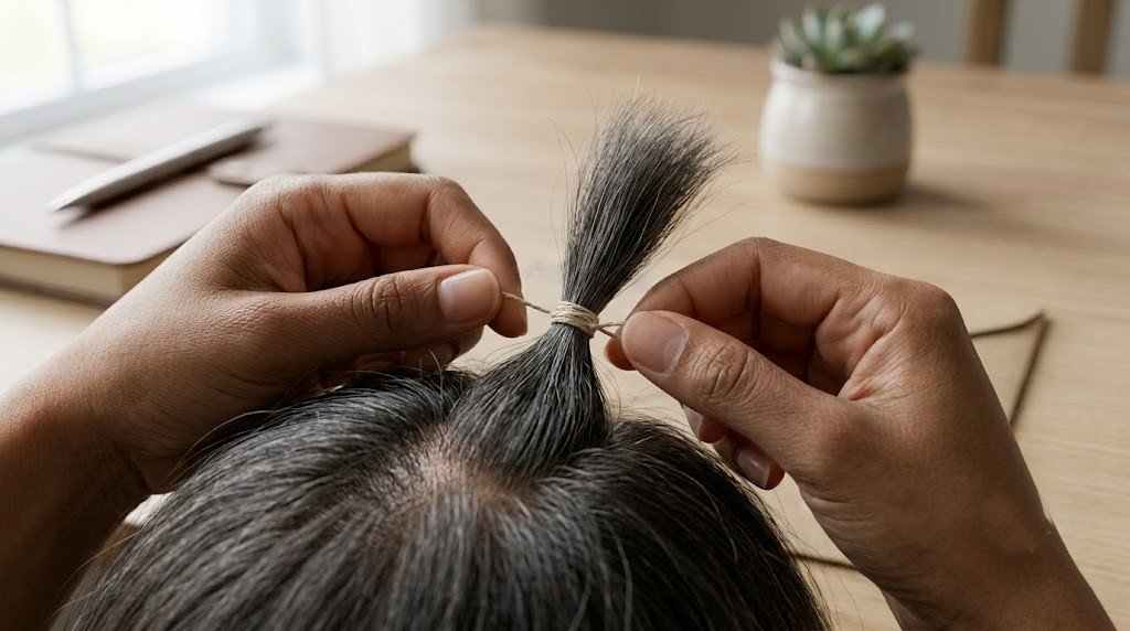 Hands tying a small section of hair tightly with thread close to the scalp before it is cut