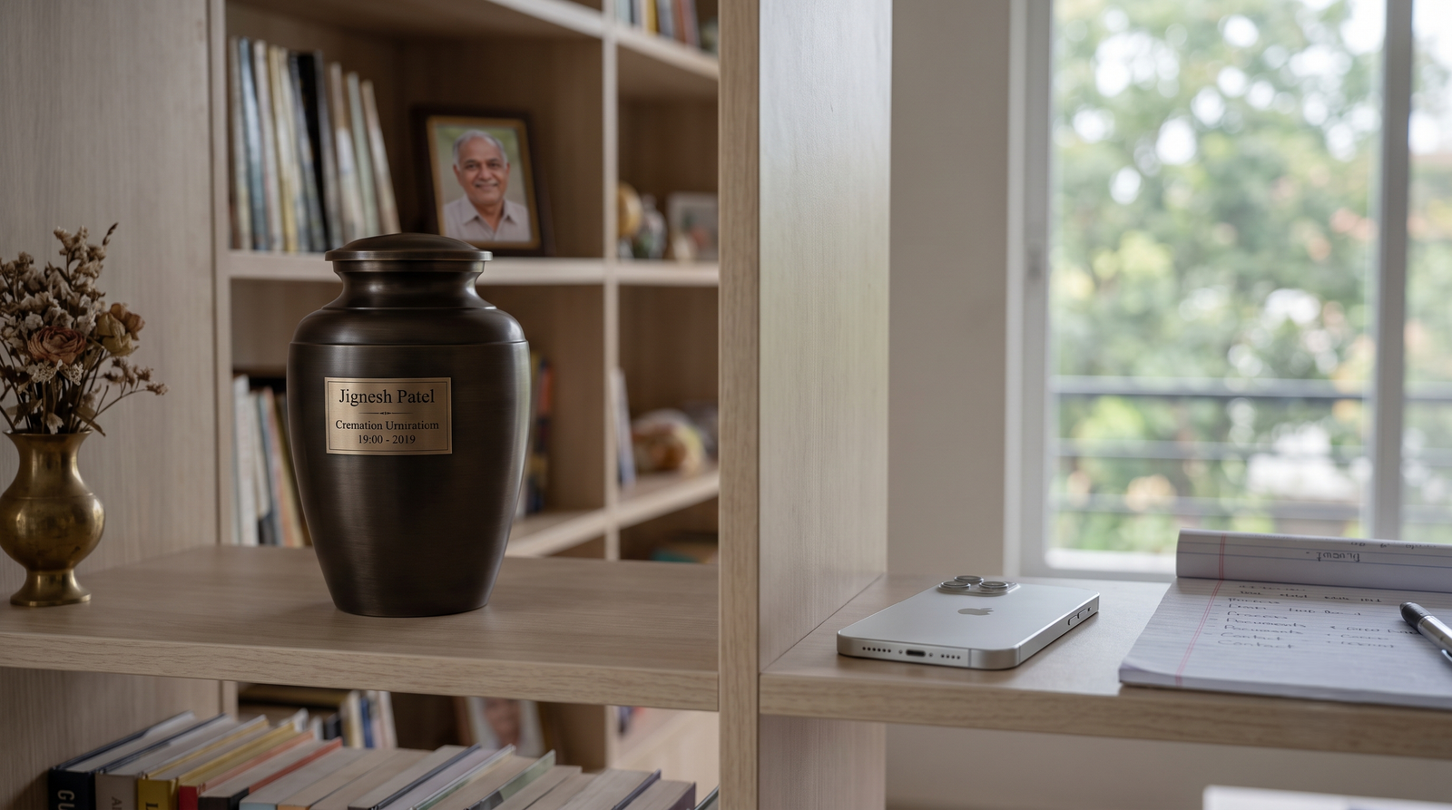 An urn on a shelf and a phone with a notepad beside it, photographed quietly |