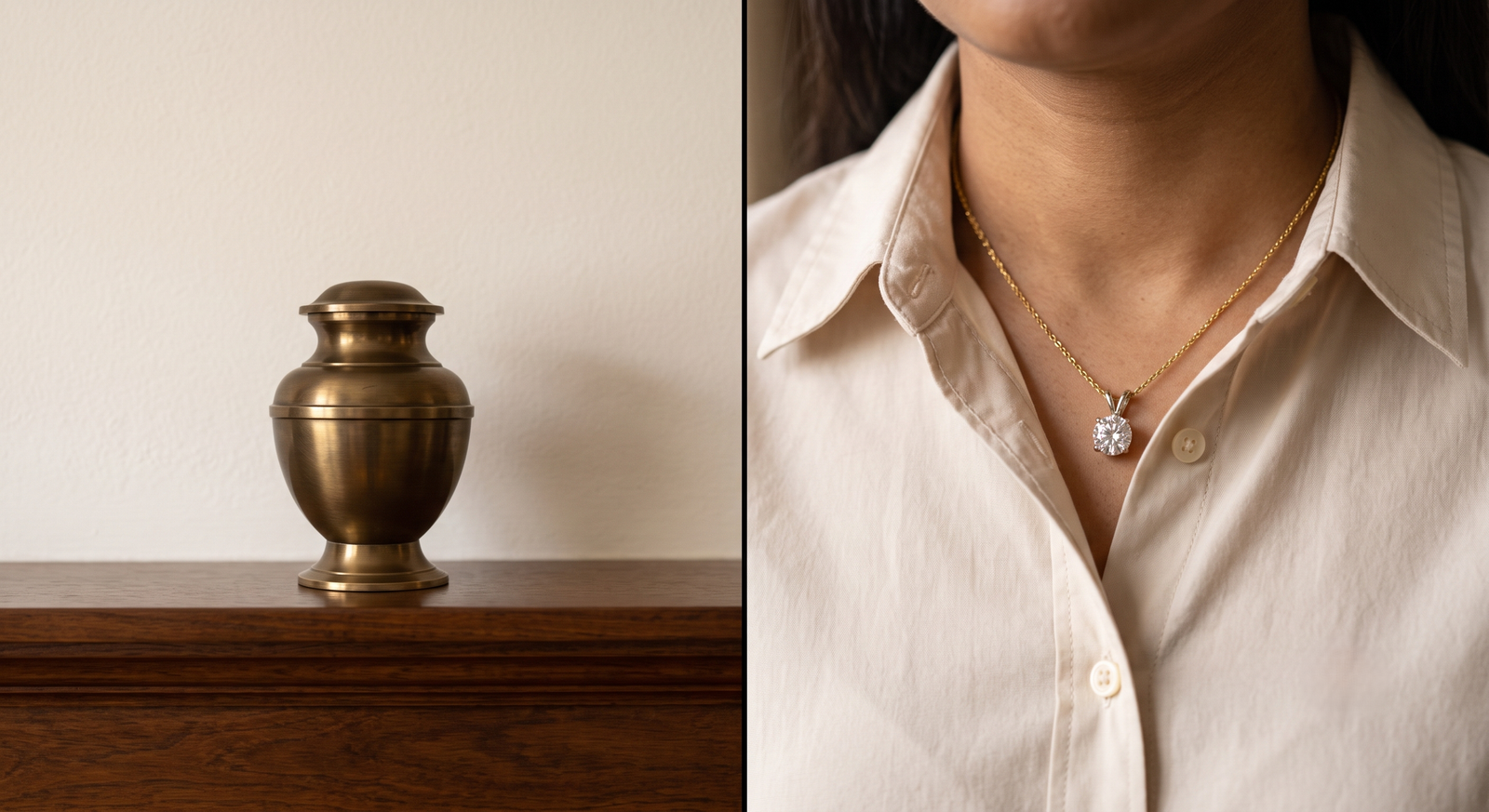 Split image: an urn on a mantel in an empty room, and a pendant diamond worn under a shirt colla
