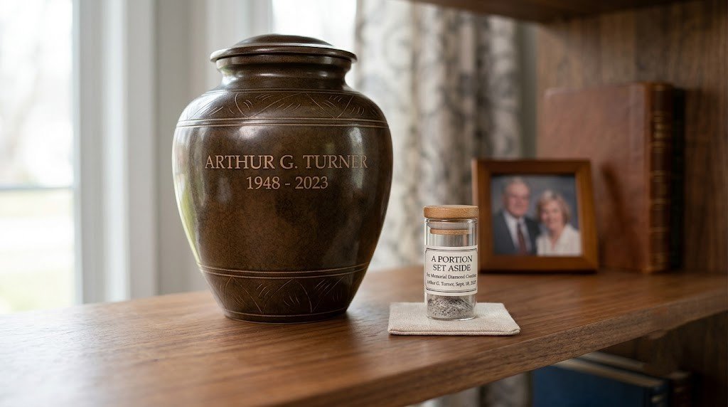 An urn returned to its shelf with a small labeled container beside it, illustrating a portion set aside while the rest stays in place