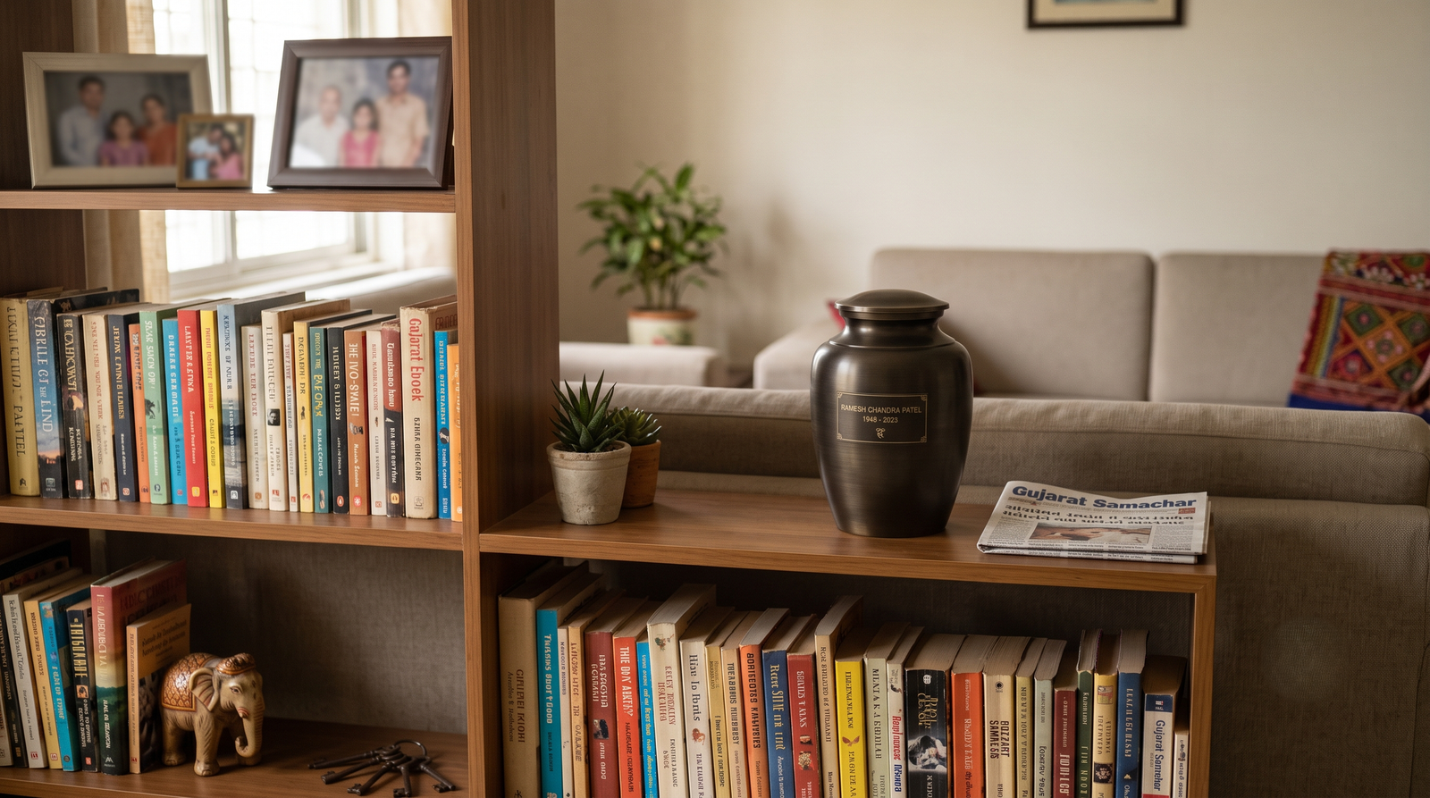 An urn on a bookshelf in an ordinary living room, photographed quietly 