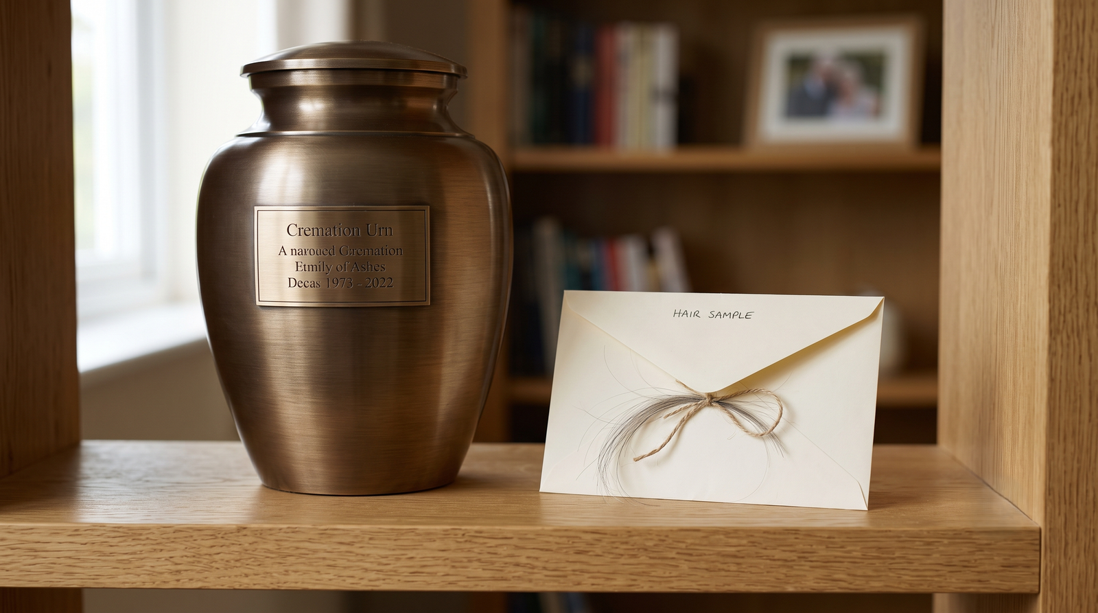A full urn next to a paper envelope holding only a few strands of hair 