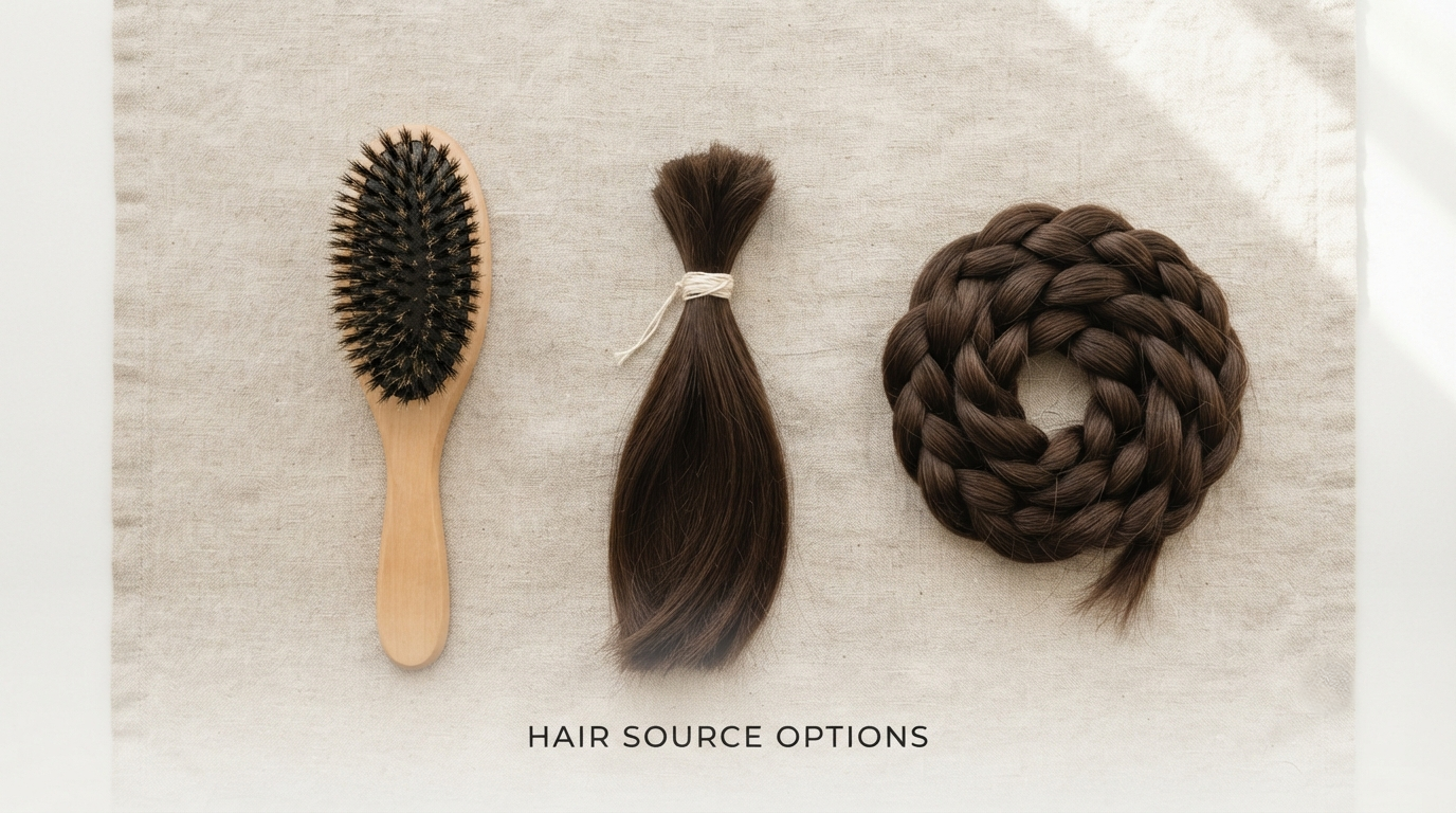 A hairbrush, a tied cut lock, and a coiled braid laid side by side on linen