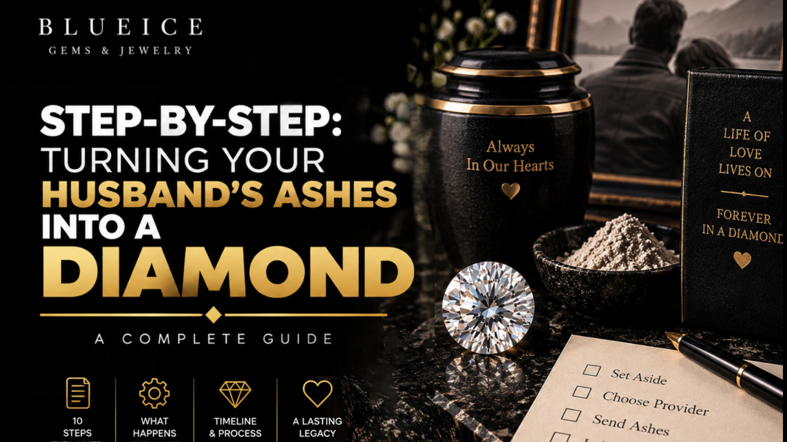 Husband ashes diamond steps showing cremated ashes, a memorial urn, a loose diamond, and a step-by-step process checklist