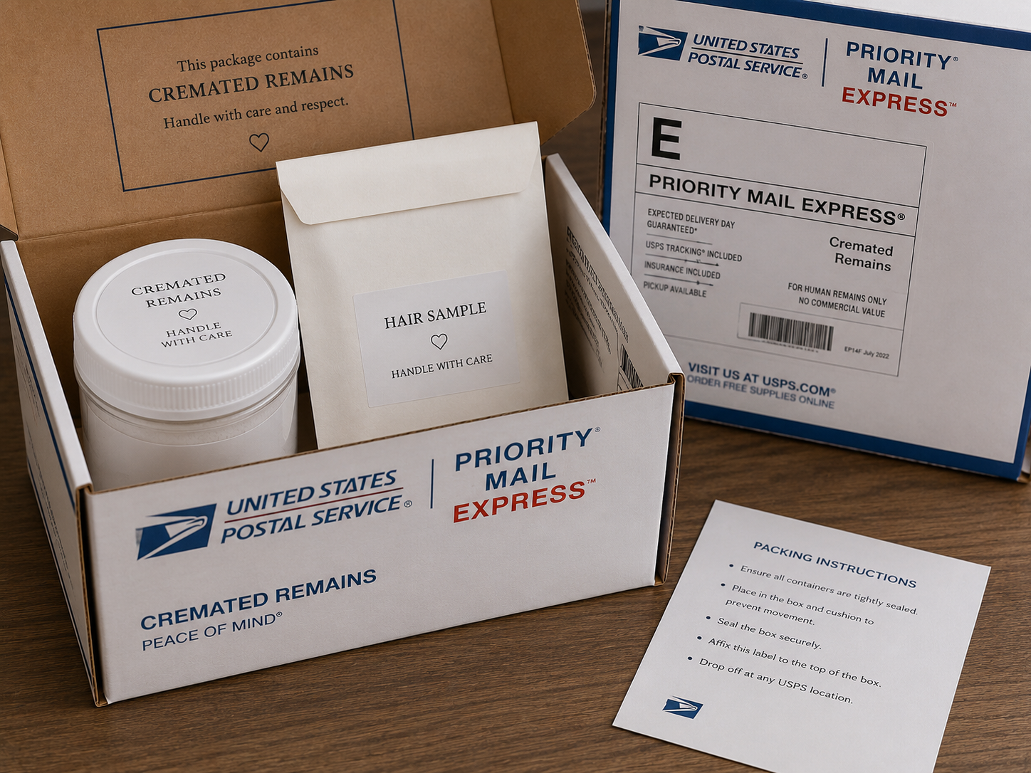 Official USPS Priority Mail Express Cremated Remains box packed with a sealed ash container and a separate labeled envelope of hair