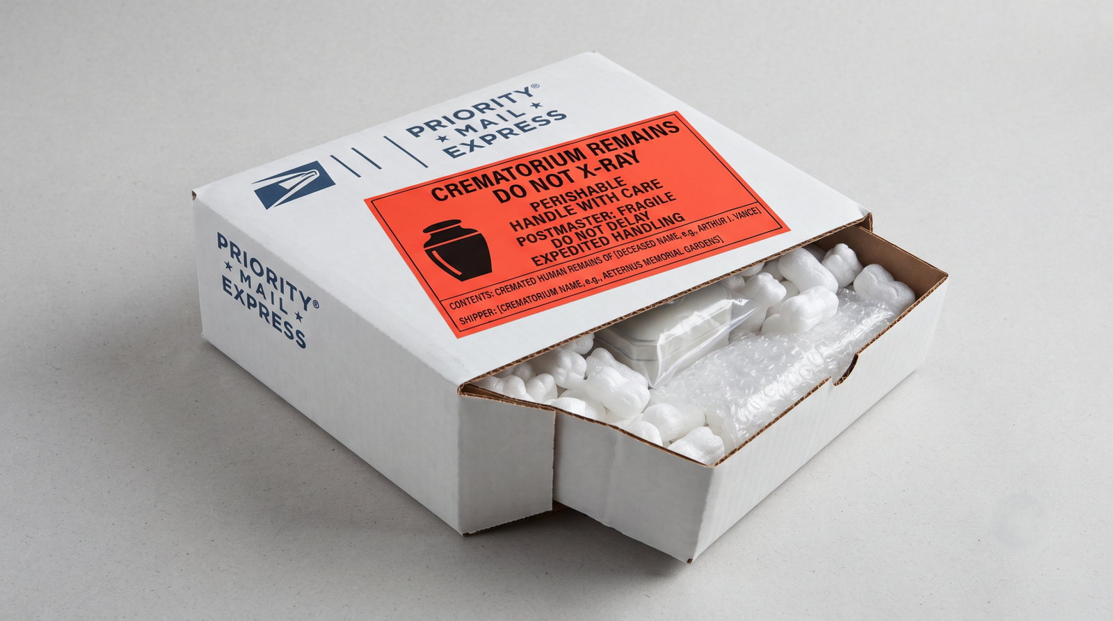 USPS Priority Mail Express parcel carrying the required cremated-remains label, cushioning visible inside