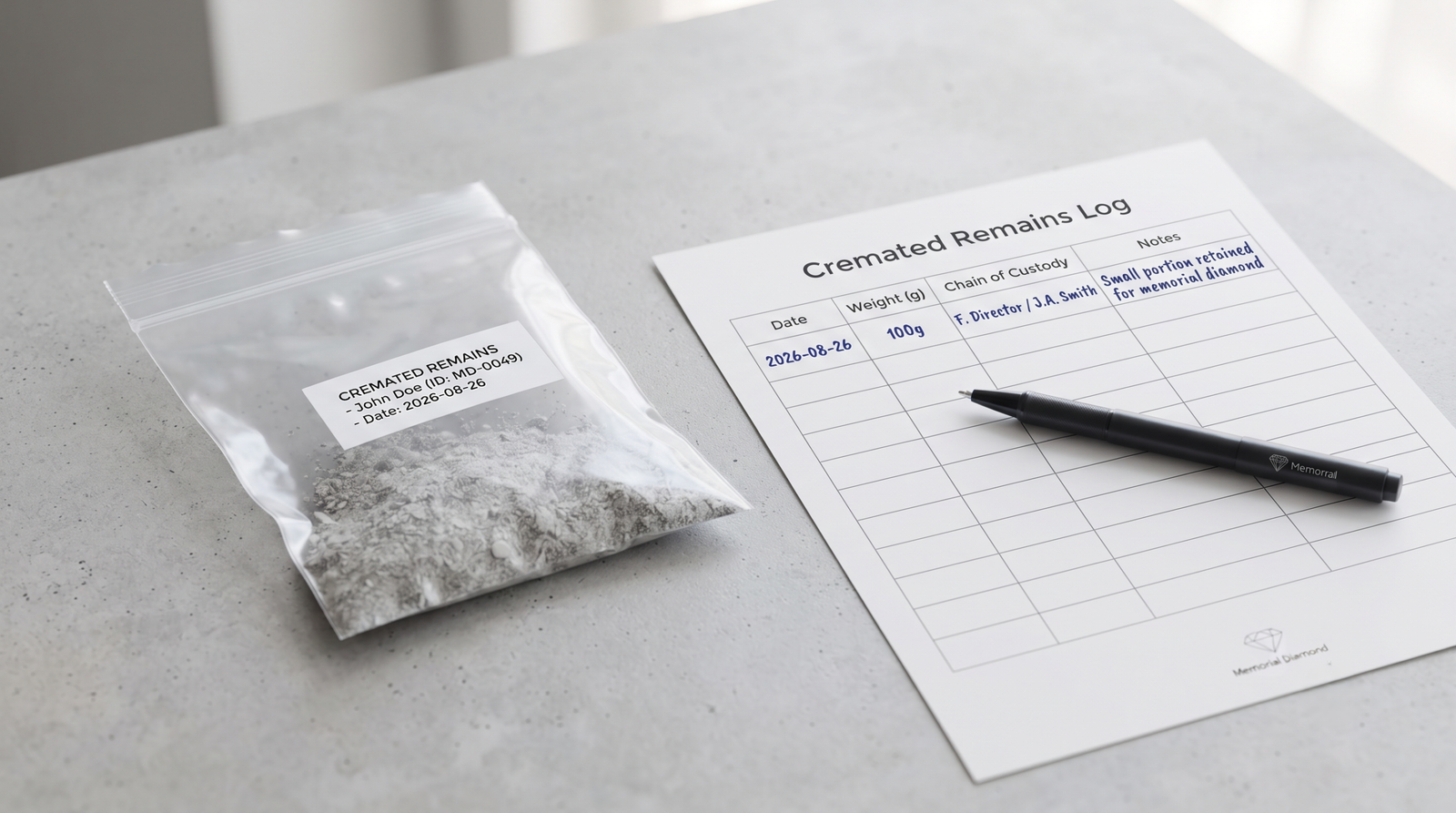 Small sealed and labelled bag of cremated remains beside a handwritten record sheet and a pen