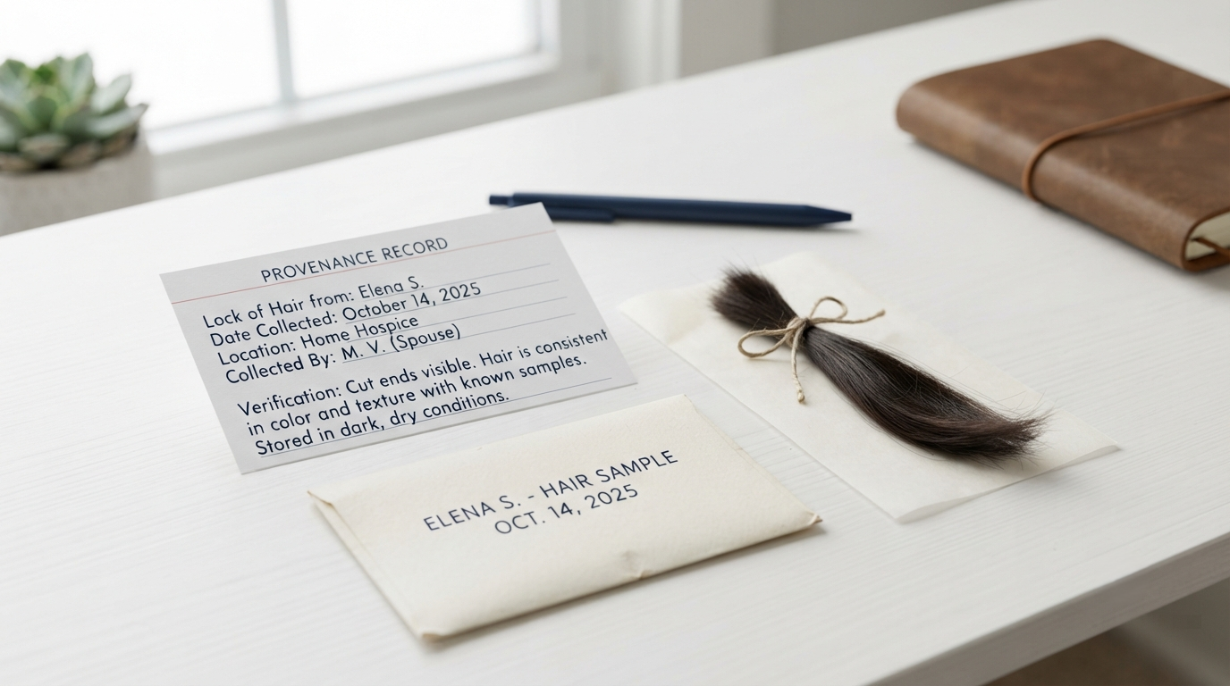 A written note and a dated envelope beside a lock of hair, illustrating how provenance is documented at home