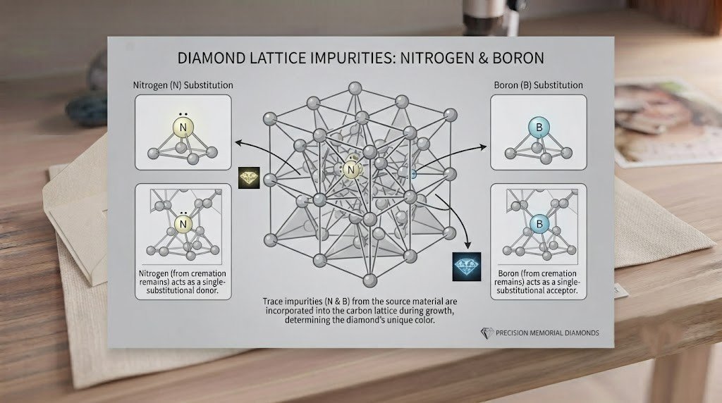  A diagram of a diamond lattice with nitrogen and boron atoms replacing a few carbon atoms 