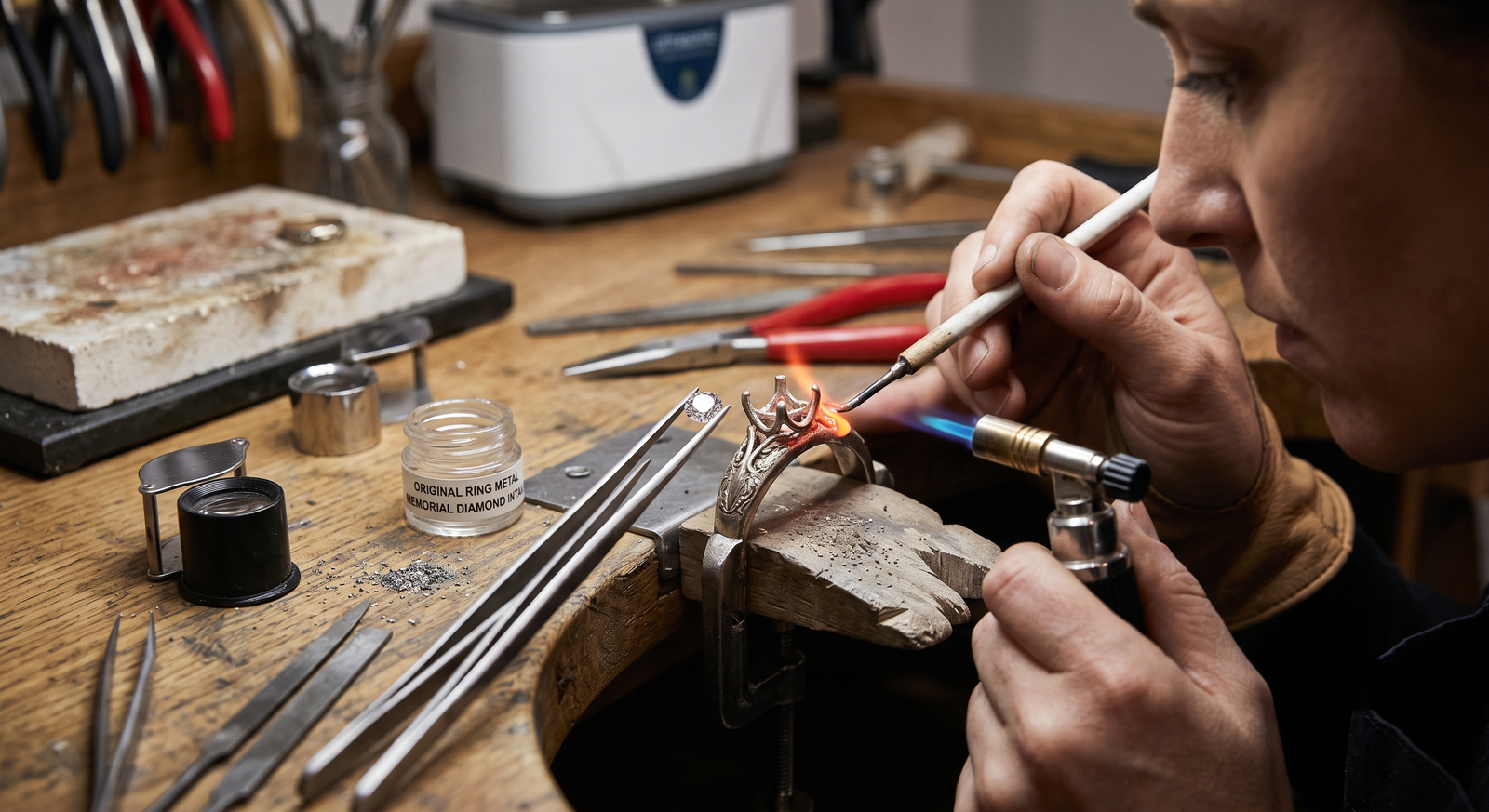 An original wedding ring's metal being reworked into a new setting for a memorial diamond