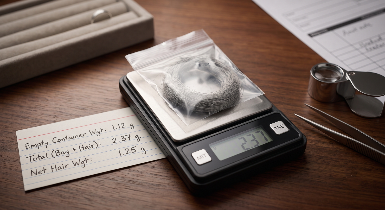 Envelope of hair being weighed in its container on a pocket scale, with the empty-container reading noted on a card beside it
