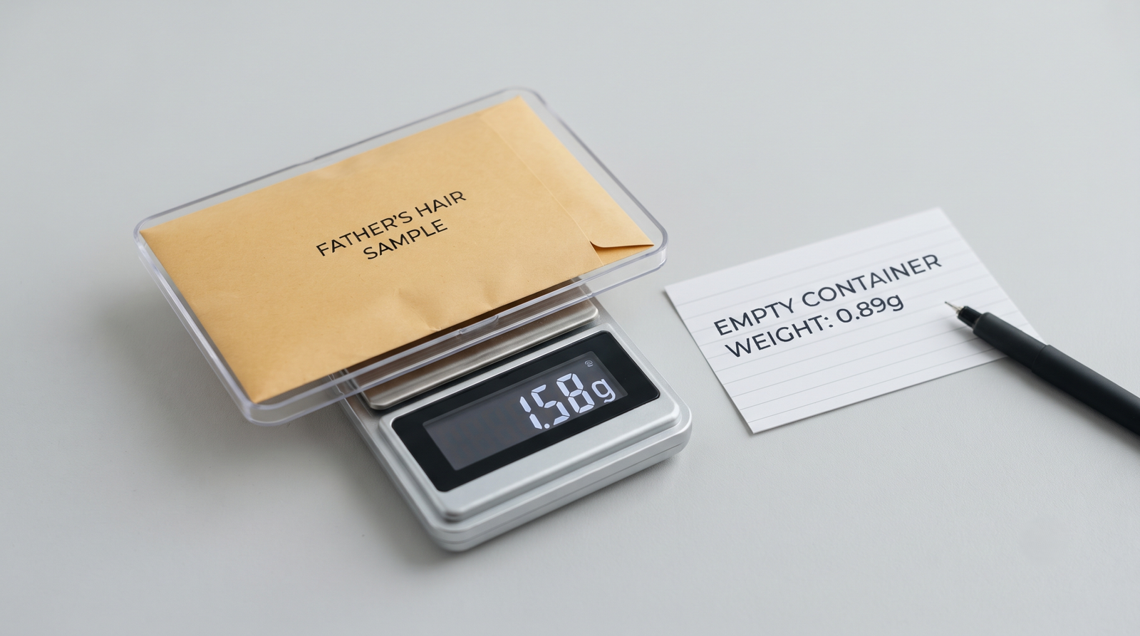 Envelope of hair being weighed in its container on a pocket scale, with the empty-container reading noted on a card beside it