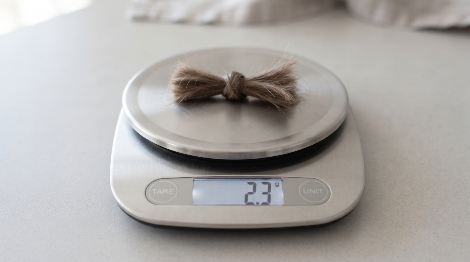 Small lock of hair on a digital kitchen scale showing a reading in grams