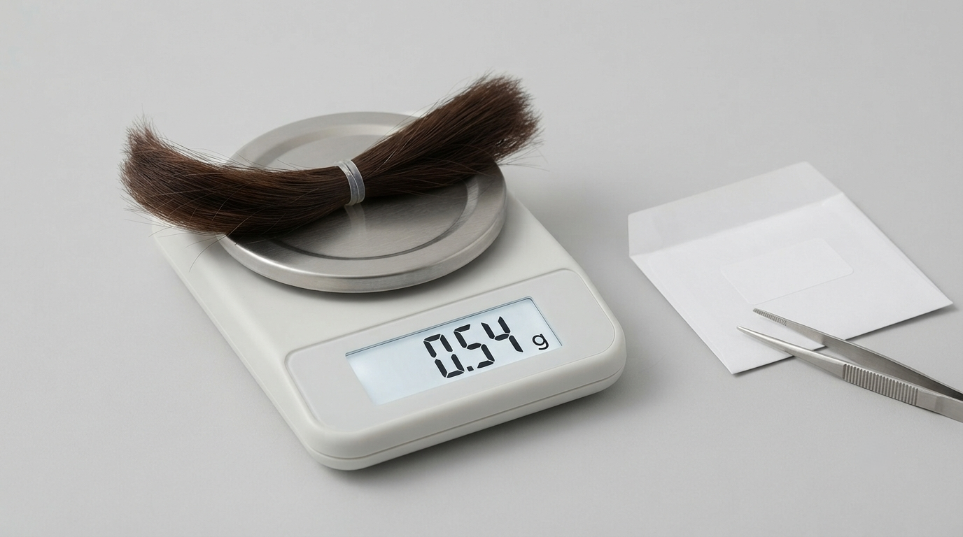 A lock of hair on a small digital scale reading in grams, showing how a sample is weighed before it is sent