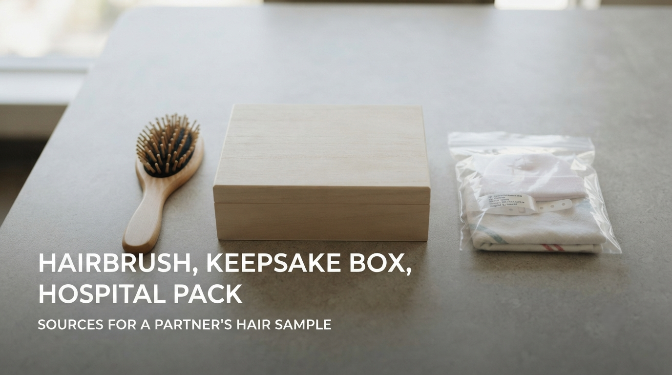 A hairbrush, a keepsake box and a hospital keepsake pack laid out together on a table