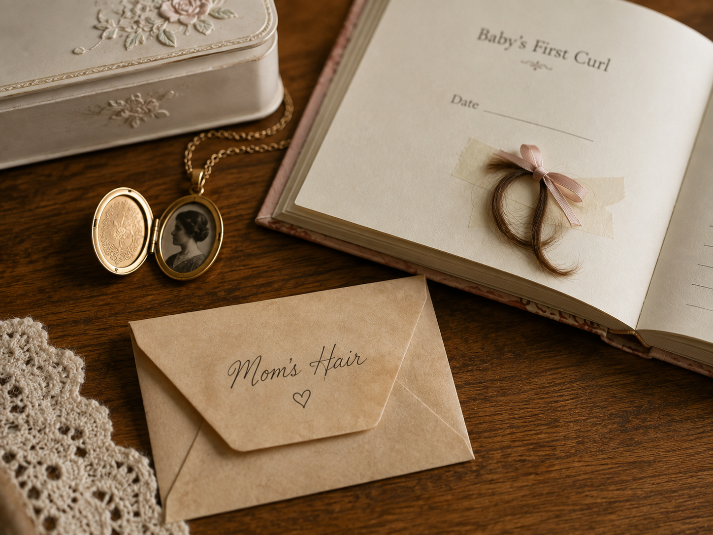 Folded paper envelope, a locket and a baby book open on a table, showing where a saved lock is typically kept