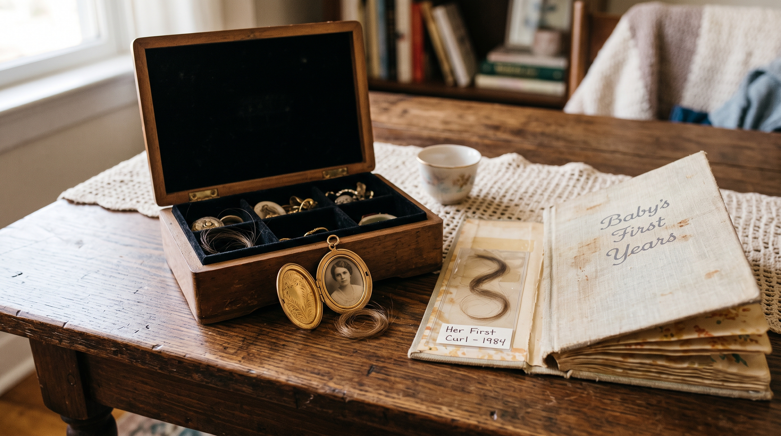 Open jewelry box, a locket and a baby book on a table, showing the places a saved lock of hair is usually kept