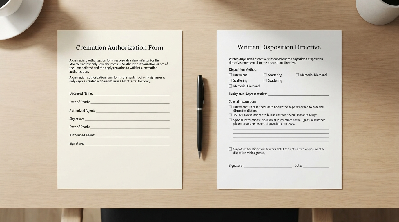 A cremation authorization form and a written disposition directive on a desk, the documents that decide who controls remains