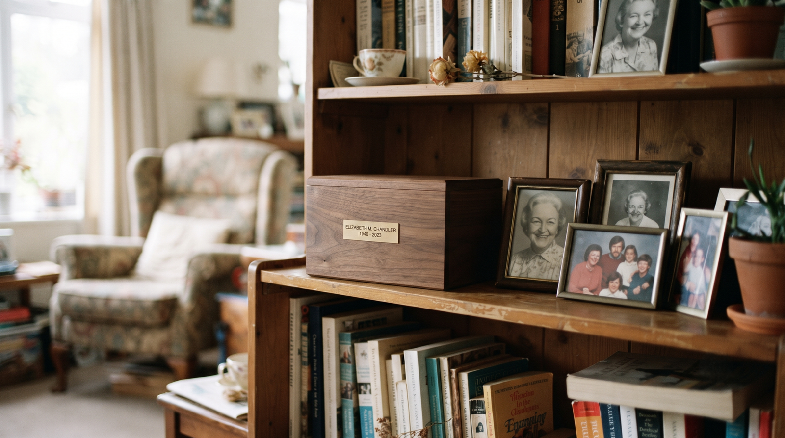 Plain wooden urn on a shelf beside framed photographs in a lived-in room