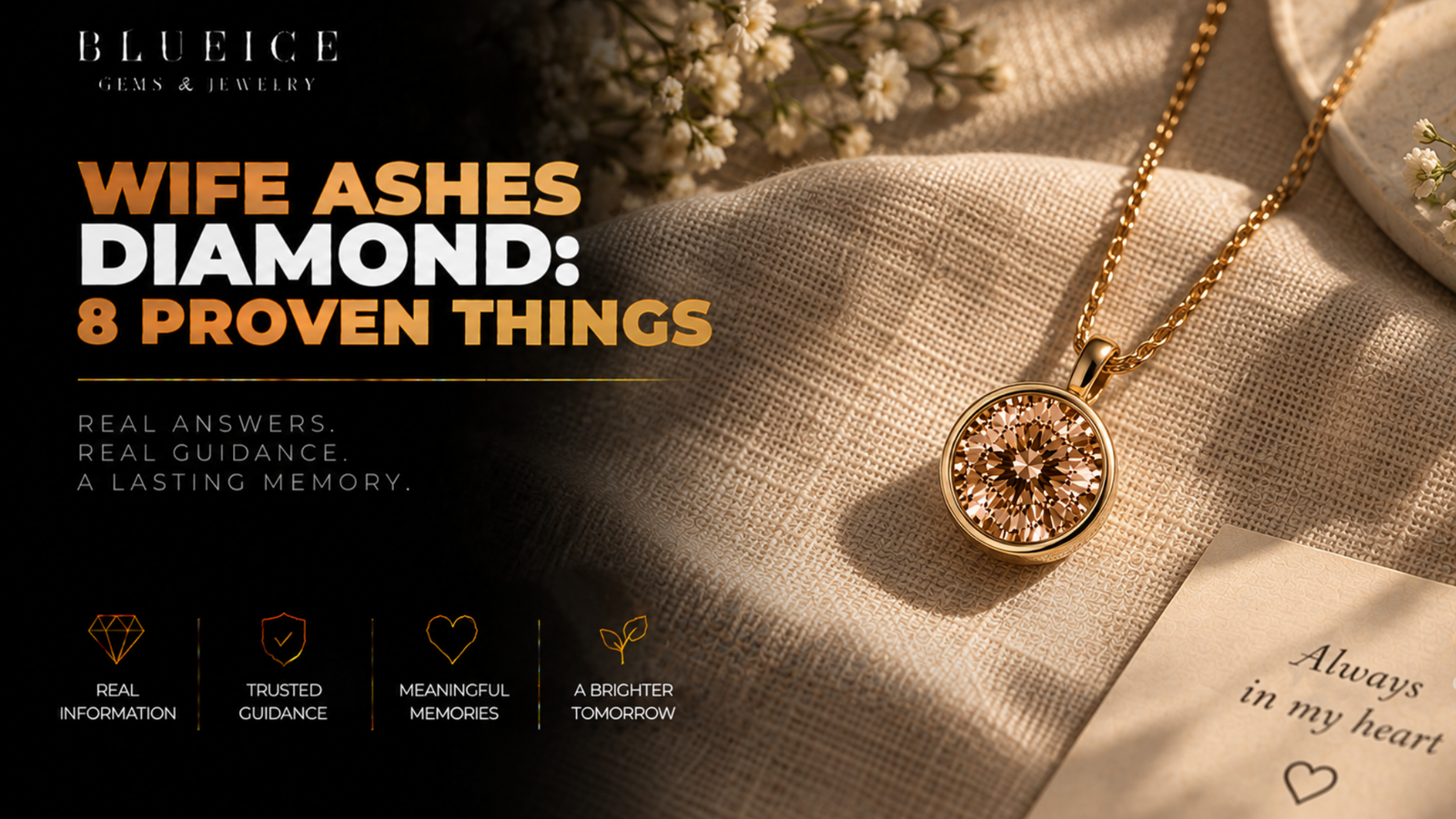 Wife ashes diamond: a champagne-toned lab-grown memorial diamond in a bezel pendant on a plain linen background