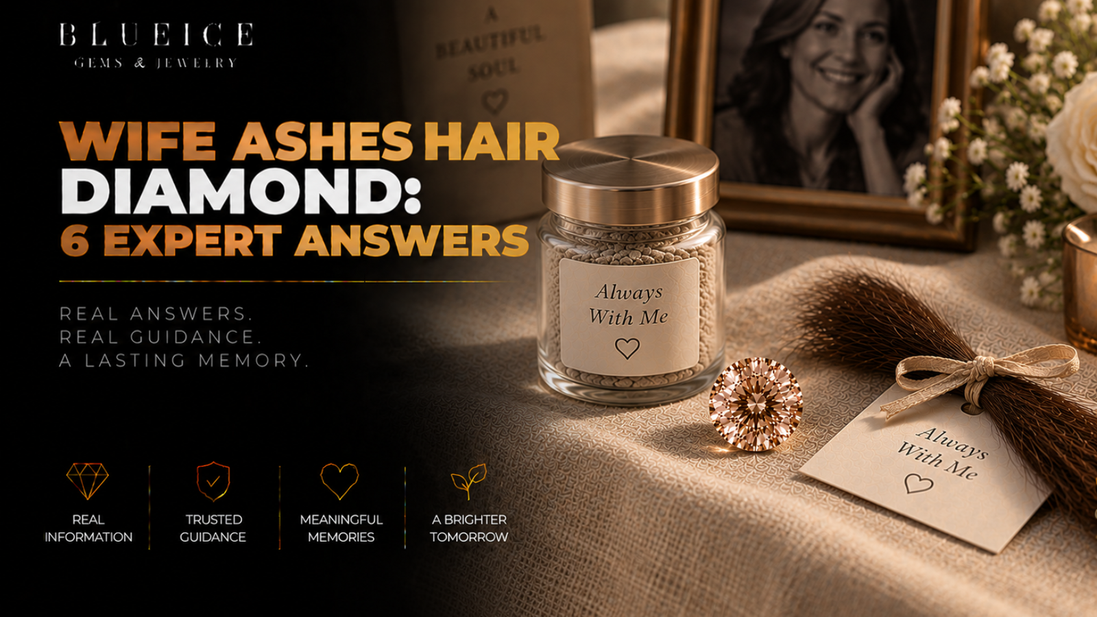 Wife ashes hair diamond: a small champagne lab-grown diamond between a sealed ash container and a tied lock of hair on linen