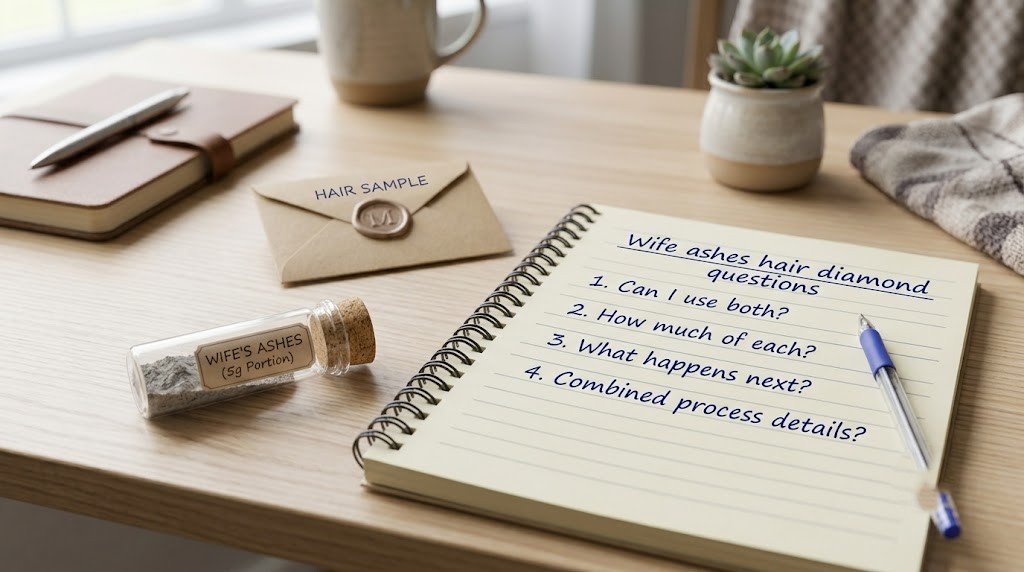 Wife ashes hair diamond questions written by hand on a notepad beside a sealed envelope of hair and a small labeled portion of cremated ashes