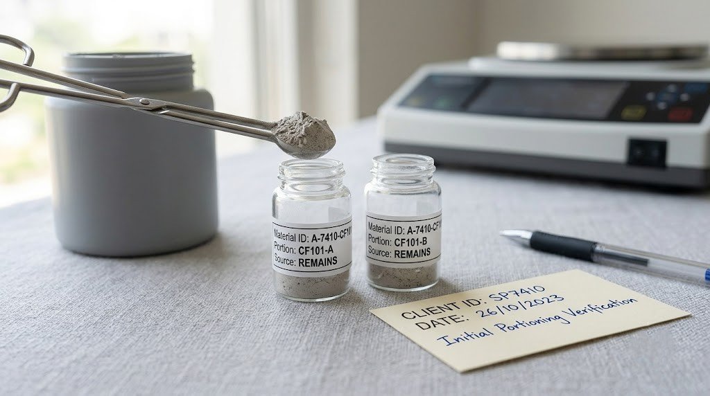 Cremated remains being measured into two small labeled containers with a handwritten date card beside themsharing a wife memorial diamond