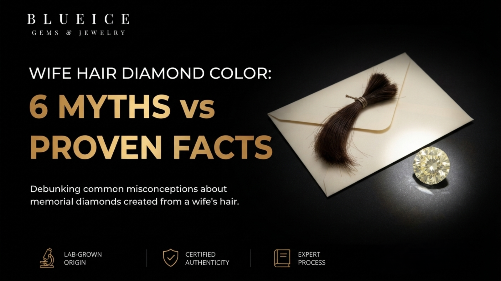 Wife hair diamond color: a tied lock of dark hair in a paper envelope beside a small pale-yellow lab-grown diamond, showing the two colors are unrelated